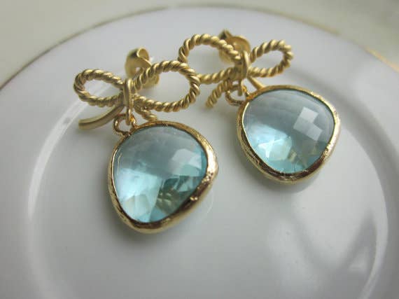 Aquamarine Blue Earrings Gold Bow