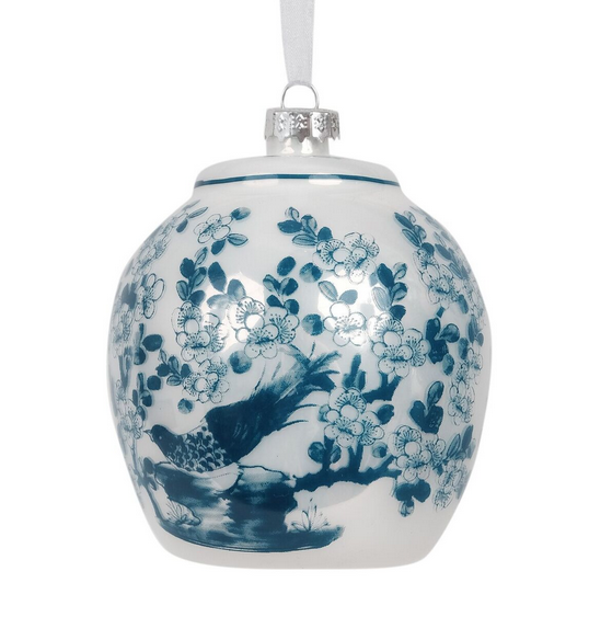 Blue and White Pheasant Flat Top Ginger Jar Ornament