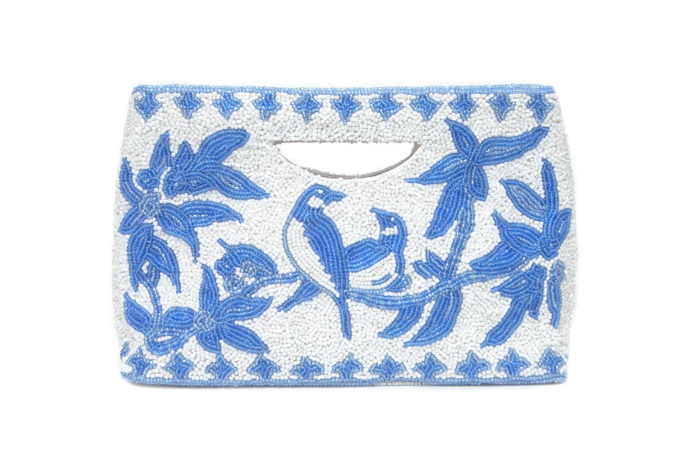 Blue and White Hand Beaded Clutch